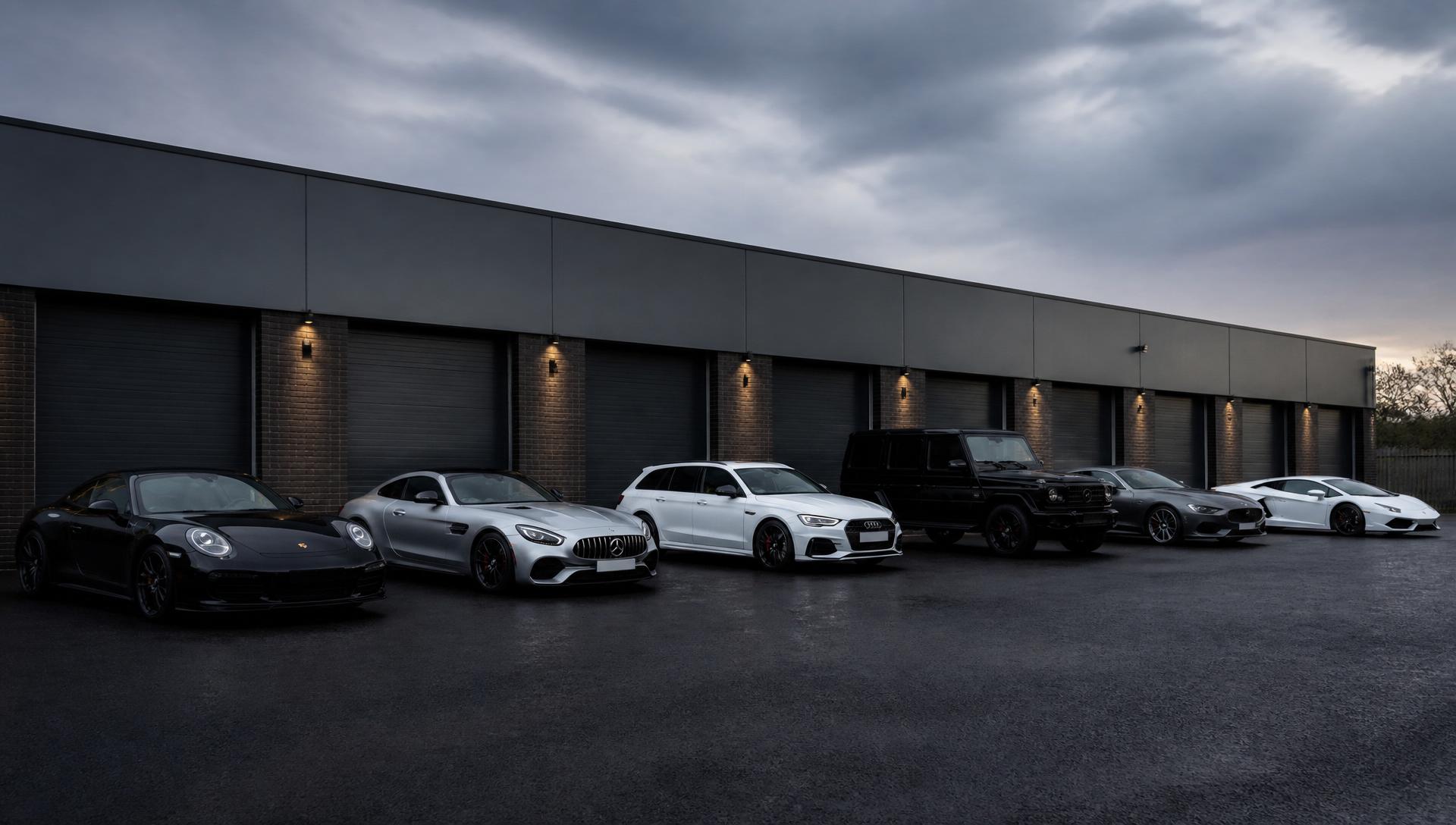 Prestige and performance cars lined up outside the Moneva Group showroom in Blackpool